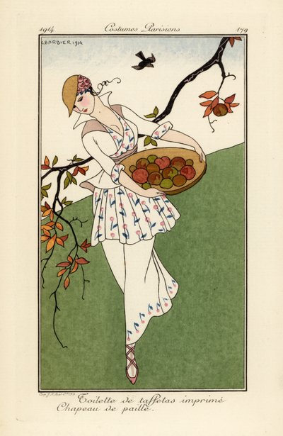 Vrouw met strohoed en jurk van bedrukt tafzijde door Georges Barbier