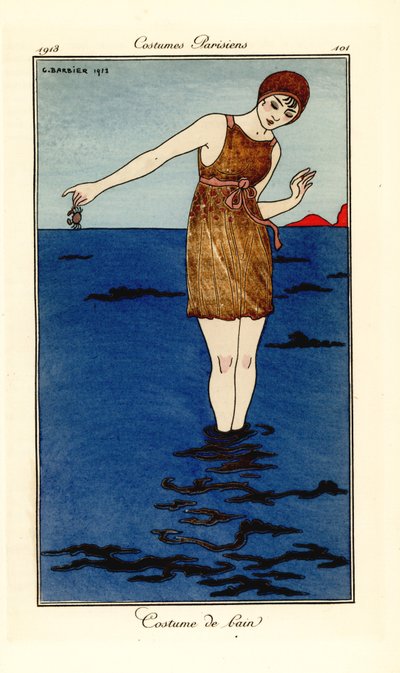 Vrouw in badpak tot haar enkels in de zee op een strand met een krab. Handgekleurde pochoir (stencil) ets naar een illustratie van George Barbier uit Tommaso Antongini