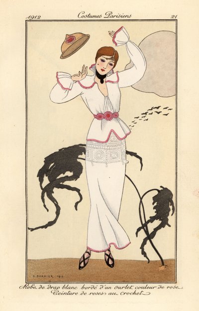 Vrouw in witte wollen jurk met roze rand, riem van gehaakte rozen, verliest haar hoed in de wind. Handgekleurde pochoir (stencil) ets naar een illustratie van George Barbier door Georges Barbier