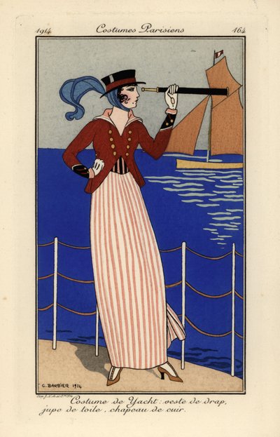 Vrouw in jachtoutfit met een telescoop door Georges Barbier