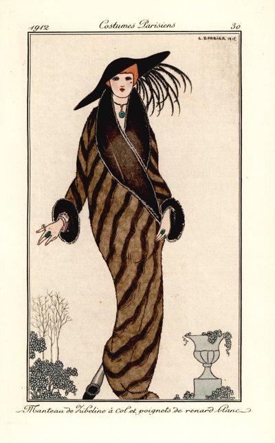 Vrouw in zibeline jas met kraag en manchetten in witte vossenbont door Georges Barbier