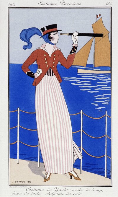 Vrouw kijkend in een verrekijker, in jachtpak - Mode 1914 door Georges Barbier