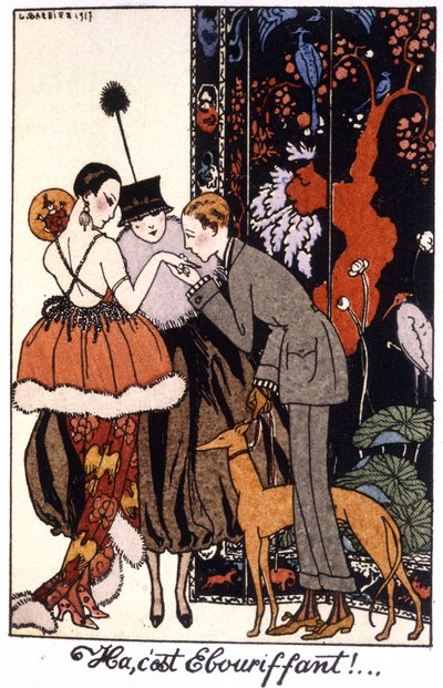 Handkus, elegantie nacht in Parijs, gravure 1917 door Georges Barbier