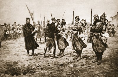 Eerbetoon aan de dapperen in de vuurlinie: een Franse generaal geeft de onderscheiding aan mannen die zijn gedecoreerd met de militaire medaille, uit 