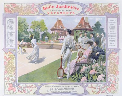 Lawn Tennis, illustratie voor augustus uit een kalender voor de kledingwinkel 