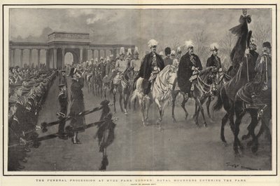 De begrafenisstoet bij Hyde Park Corner, koninklijke rouwenden betreden het park door Georges Bertin Scott