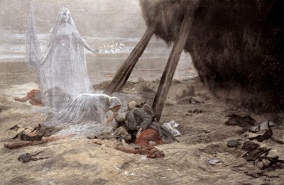Twee blanke vrouwen verschijnen aan een stervende soldaat door Georges Bertin Scott