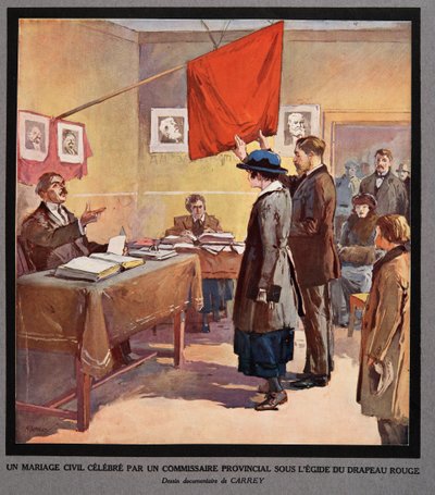 Een burgerlijk huwelijk uitgevoerd door een provinciale commissaris onder de vlag van de Rode Vlag, uit Histoire des Soviets, pub. 1922 door Georges Carrey