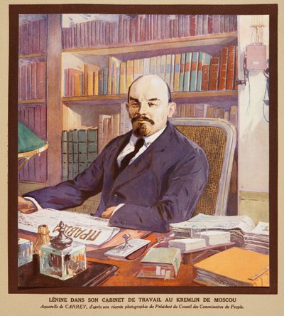Lenin in zijn kantoor in het Kremlin in Moskou, uit Histoire des Soviets, pub. 1922 door Georges Carrey