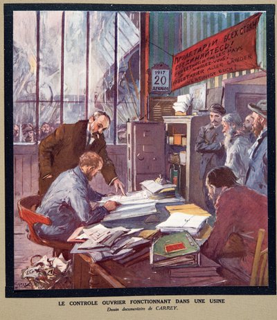 Arbeiderscontrole in een Sovjetfabriek ten tijde van de Revolutie in 1917, uit Histoire des Soviets, pub. 1922 door Georges Carrey