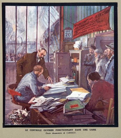 Arbeiderscontrole in een Sovjetfabriek ten tijde van de Revolutie in 1917, uit Histoire des Soviets, uitgegeven 1922 door Georges Carrey