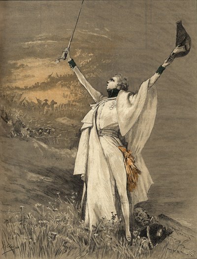 De actrice Henriette Rosine Bernard genaamd Sarah Bernhardt (1844-1923) in de rol van de hertog van Reichstadt (zoon van keizer Napoleon I (1769-1821) - "de Aiglon", Gravure door Georges Jules Victor Clairin (1843 - 1919) van 1900. door Georges Clairin