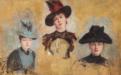 Drie vrouwen met hoeden door Georges Clairin