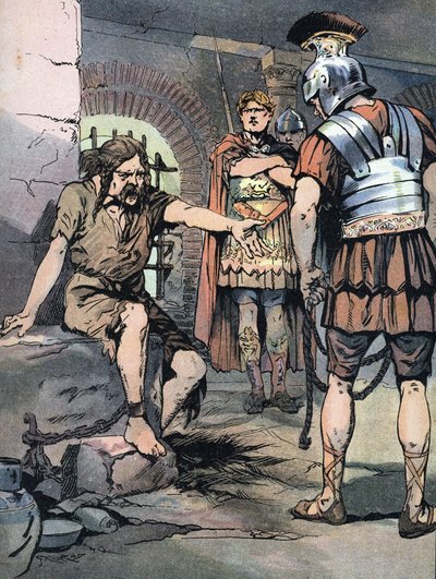 Gallische oorlog: De Gallische krijger Vercingetorix gevangen in de Romeinse wapens van Julius Caesar in de gevangenissen van Tullianum, 46 v.Chr. (Illustratie door Emile Bayard) door Georges Conrad
