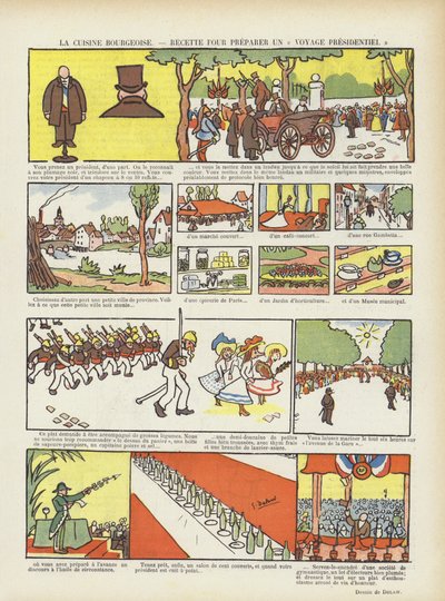Bourgeois keuken. Een recept voor een presidentiële reis. Illustratie voor Le Rire door Georges Delaw