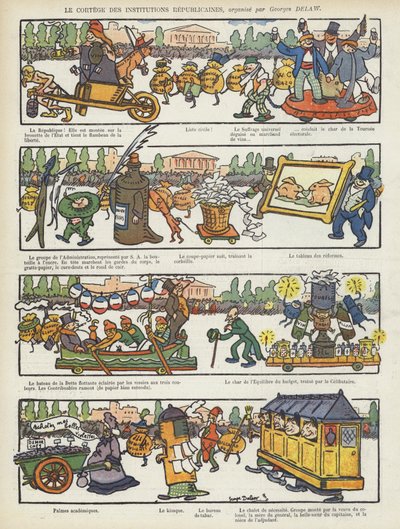 Processie van republikeinse instellingen. Illustratie voor Le Rire door Georges Delaw