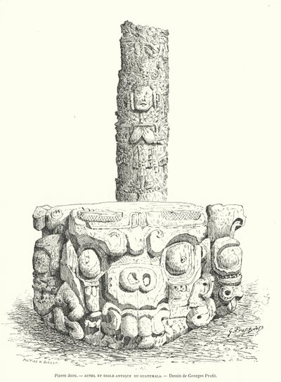 Maya uitgehouwen stenen altaar en idool uit Guatemala (gravure) door Georges Ernest Profit