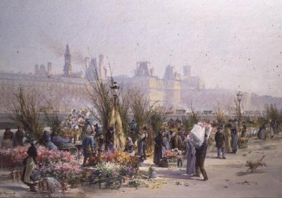 Bloemenmarkt bij de Seine door Georges Fraipont