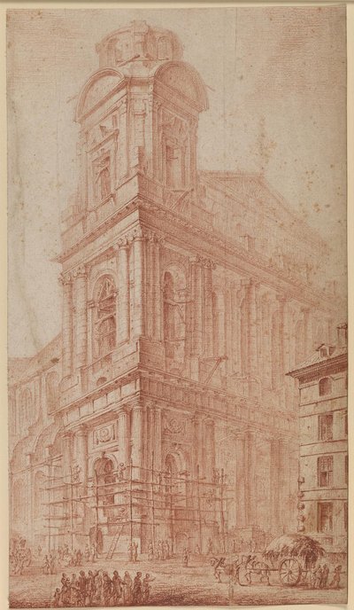 De gevel van S. Sulpice bijna voltooid - rechts een kar voor een niet meer bestaand huis; op de voorgrond toeschouwers door Georges François Blondel