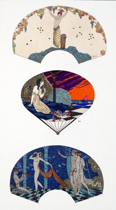 Eventails de Paquin, naar G. Barbier en Paul Iribe. Plaat 42, uit Costumes Parisiens gepubliceerd in Journal des Dames et des Modes door Georges and Iribe Paul Barbier