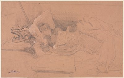 Sarah Bernhardt liggend op een divan, lezend door Georges Jules Victor Clairin