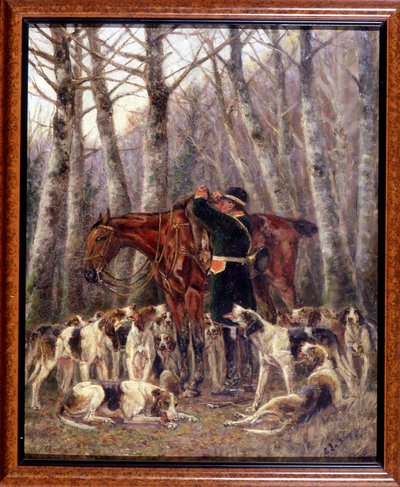 Laden op het paard van een hert gedood tijdens een jacht te paard - tekening door Georges La Roque, circa 1900 door Georges La Roque