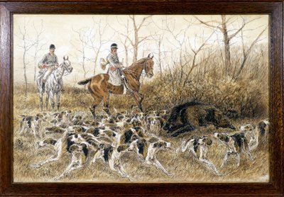Rond een wild zwijn in een jacht - tekening door Georges La Roque, circa 1900 door Georges La Roque