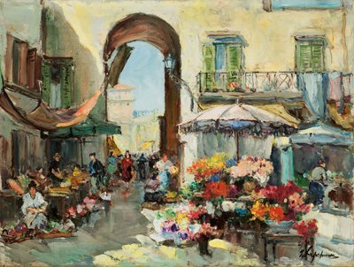 Een Bloemenmarkt in Nice door Georges Lapchine