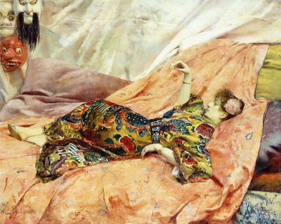 Een portret van Sarah Bernhardt, liggend in een Chinees interieur door Georges Marie Rochegrosse