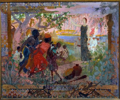 De verovering van Afrika. Allegorie over kolonialisme die een jonge blanke vrouw voorstelt die plechtig naar bange Afrikaanse families loopt. Schilderij door Georges Antoine Rochegrosse (1859-1938) 1900 Parijs, Musée du Luxembourg door Georges Marie Rochegrosse
