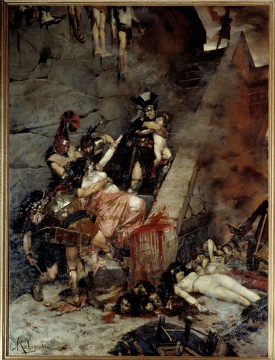 Andromaque. Troje ingenomen, Pyrrhus had in zijn deel van de buit Hectors weduwe, Andromaque, en zijn zoon Astyanax. Schilderij door Georges Antoine Rochegrosse (1859-1938) door Georges Marie Rochegrosse