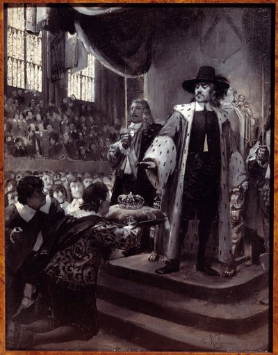 Oliver Cromwell (1599-1658) weigert de kroon De Lord Protector van de Republiek Groot-Brittannië werd de kroon aangeboden door de Nederige Petitie en Advies (Nieuw Parlement) in 1658. Grisaille op hout door Georges Antoine Rochegrosse (1859-1938) 19e eeuw. door Georges Marie Rochegrosse