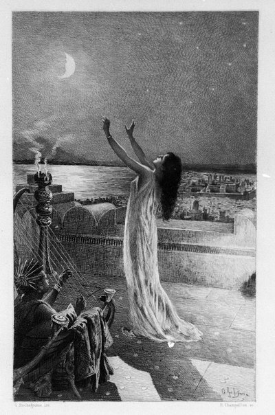 Salammbo, dochter van Hamilcar Barca, bidt Tanit, godin van de maan. Illustratie van Georges Antoine Rochegrosse voor de roman 