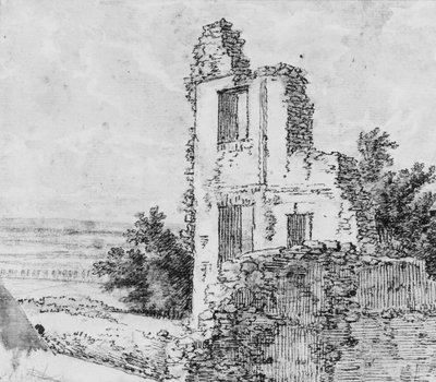 Een laan van bomen in een park recto, De ruïnes van een gebouw op een heuvel verso, n.d. door Georges Michel