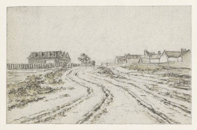Weg met diepe karresporen, in het verschiet links en rechts huizen door Georges Michel