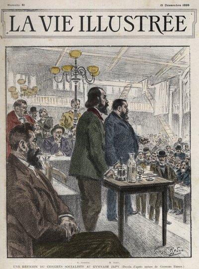 Algemeen Congres van Socialistische Organisaties, gehouden in Parijs in december 1899, in het Gymnasium Japy - Jean Jaures (1859-1914) en Eugene Fournier (1857-1914) tekening door Georges Redon - la vie illustree van 1899 door Georges Redon