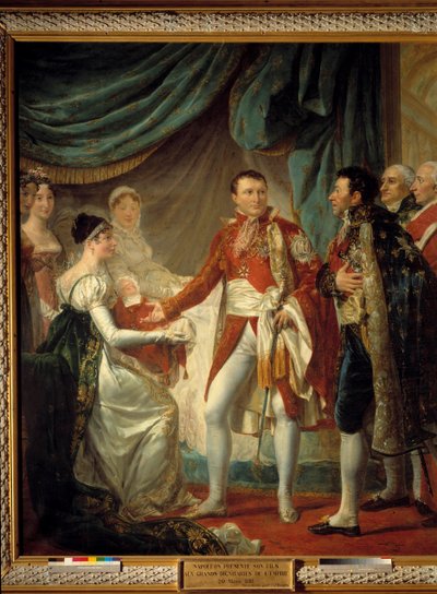 Keizer Napoleon I presenteert zijn zoon de Koning van Rome aan de hoogwaardigheidsbekleders van het Rijk op 20/03/1811 in aanwezigheid van keizerin Marie Louise Schilderij door Georges Rouget (1784-1869) 1812 Zon. 2,60 x 2,20 m - De presentatie van de Koni door Georges Rouget