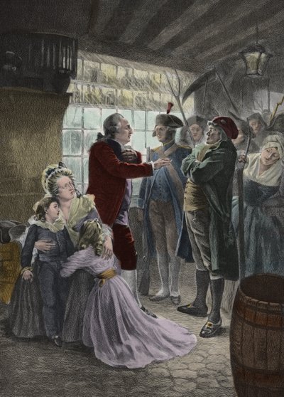 Franse Revolutie: 21 juni 1791 De koninklijke familie (Lodewijk XVI Koning van Frankrijk, Koningin Marie Antoinette en hun twee kinderen Madame Elisabeth de zus van de koning en de gouvernante van de kinderen) ingehaald in de herberg van Varennes (Varennes door Georges Roussin