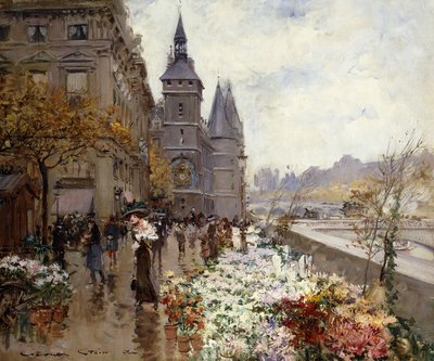 Een bloemenmarkt langs de Seine door Georges Stein