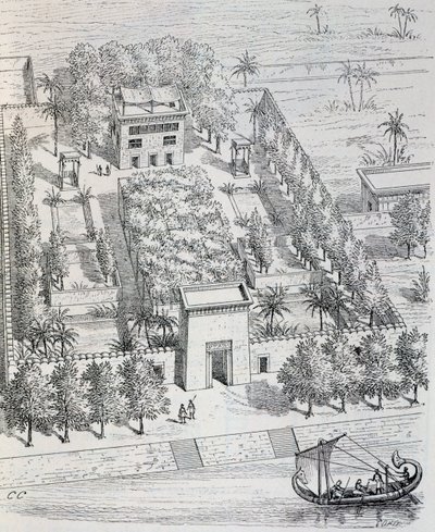 Uitzicht op Egyptische villa langs de Nijl, reconstructie door Chipiez, uit Geschiedenis van de kunst in de oudheid (Egypte, Assyrië, Perzië, Klein-Azië, Griekenland, Etrurië, Rome) door Georges and Chipiez Charles Perrot
