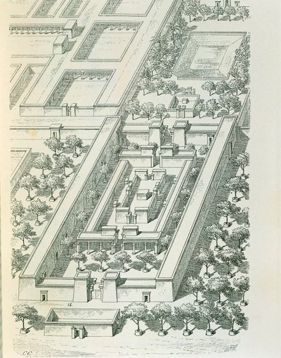 Ets die een perspectivisch uitzicht van een gebouw in Tell el-Amarna afbeeldt door Georges Perrot (1832-1914) en Charles Chipiez (1835-1901) door Georges and Chipiez Charles Perrot
