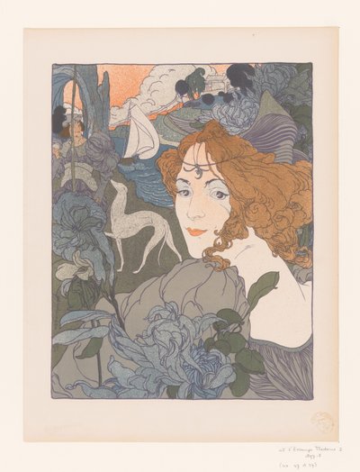 Dame met edelman en hazewindhond bij een rivier door Georges de Feure