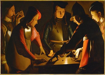 De dobbelsteen spelers (schilderij op canvas) door Georges de la Tour