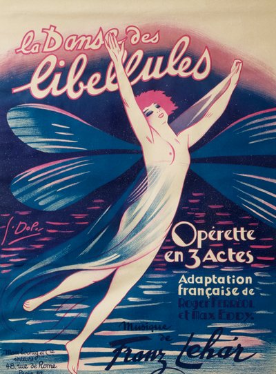 Poster voor Dans van libellen, operette, Franse bewerking door Roger Ferreol en Max Eddy, muziek door Franz Lehar, Max Eschig Publishing, Parijs door Georges pseudonym of Edmond Vernier Dola