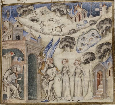 Amour leidt zijn kinderen Zoete gedachten, Plezier en Hoop naar Guillaume de Machaut, door Meester van de Bijbel van Jean de Sy 1372-77 (42374611771) door Georgia Levan Ramishvili from Tbilisi