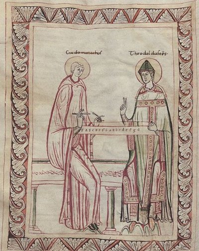 Guido van Arezzo en bisschop Tedald werken aan een monochord, 11e eeuwse miniatuur (21954743795) door Georgia Levan Ramishvili from Tbilisi