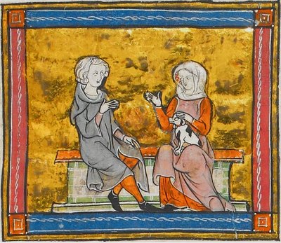 Lancelot in gesprek met een dame die een klein zwart-wit hondje vasthoudt, uit Morte Artu, ca. 1315-1325 (41067329535) door Georgia Levan Ramishvili from Tbilisi