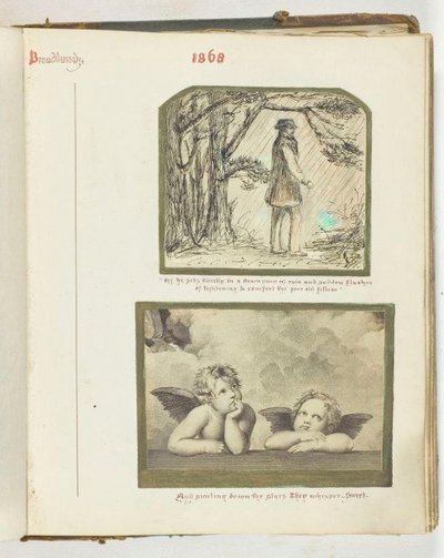 Naamloos [man in de regen en twee cherubijnen], 1868 door Georgina Cowper