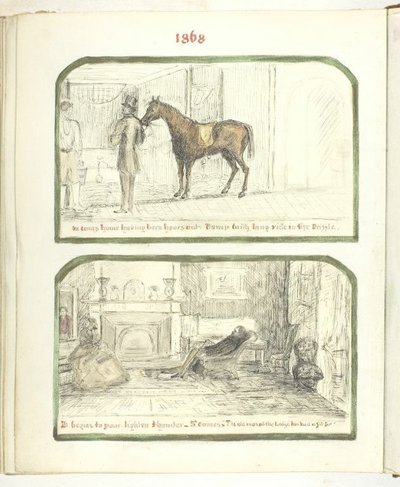 Zonder titel [man met paard, en stel dat bij het vuur ontspant], 1868 door Georgina Cowper