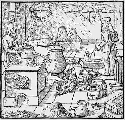 Gravure uit De re metallica, door Georgius Agricola, gepubliceerd in Basel door Georgius Agricola